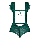 Magic Silk Evermore Cutout Romper Emerald S/M with delicate lace and playful cutouts in rich emerald color.