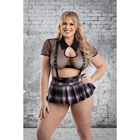 Fantasy Lingerie Skipping Class School Girl Costume 3XL/4XL featuring a collared fishnet crop top and plaid pleated skirt.