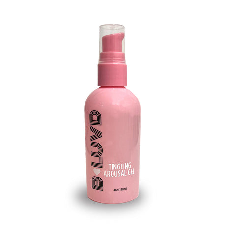 B-Luvd Tingling Arousal Gel 4 Oz in pink bottle for enhanced intimacy and sensitivity.