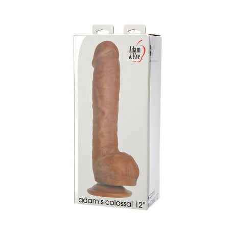Adam & Eve Adam's Colossal 12 Inch Dildo Brown packaging, showcasing its realistic design and size.
