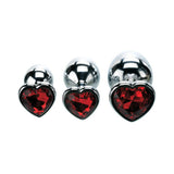 Adam & Eve Three Hearts Gem Anal Plug Set featuring polished aluminum with sparkling red heart gems.