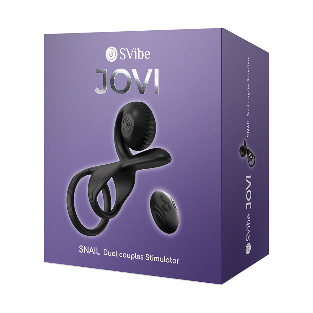 Svibe Snail Jovi Dual Couples Vibrating Ring Black packaging displaying a dual couples stimulator in sleek black design.