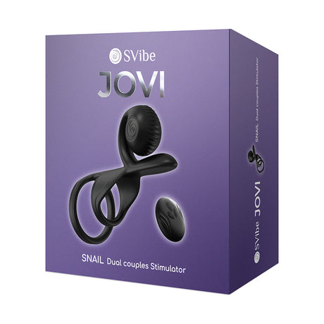 Svibe Snail Jovi Dual Couples Vibrating Ring Black packaging displaying a dual couples stimulator in sleek black design.