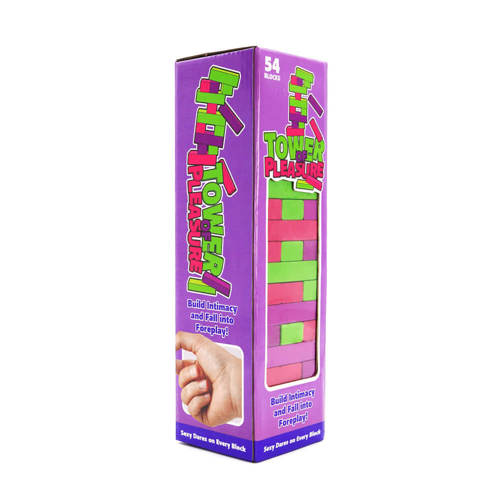 Play Wiv Me Tower of Pleasure Adult Game packaging with colorful blocks and playful design.
