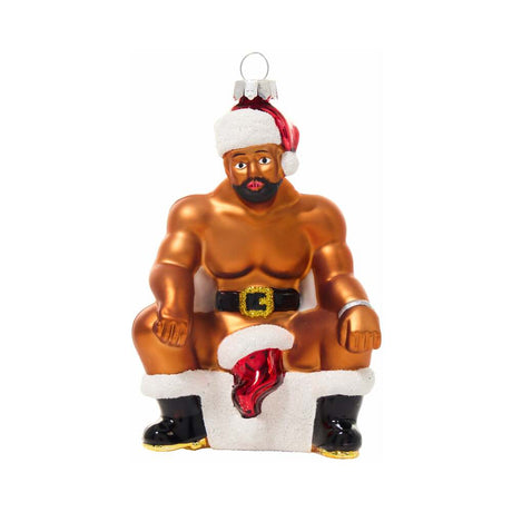 Cheeky Pornament Boss Hog Glass Christmas Ornament featuring a grinning muscular Santa-like character.