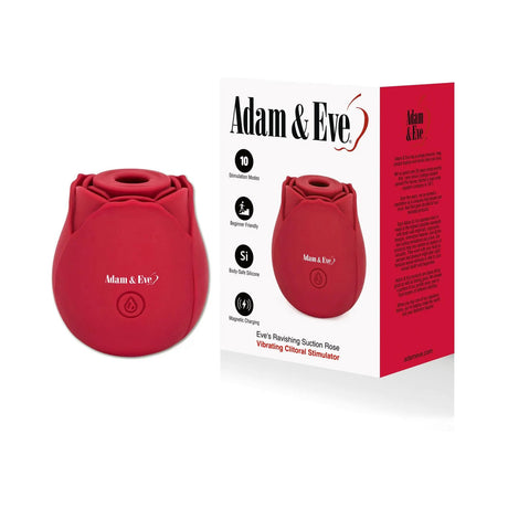 Adam & Eve Eve's Ravishing Suction Rose Clitoral Stimulator packaging and product in red rose shape.