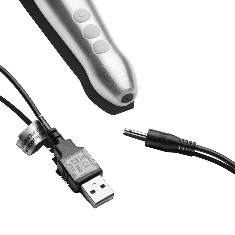 Doxy Go Travel-sized Wand Massager Brushed Metal with charger cable, designed for easy travel and powerful pleasure.