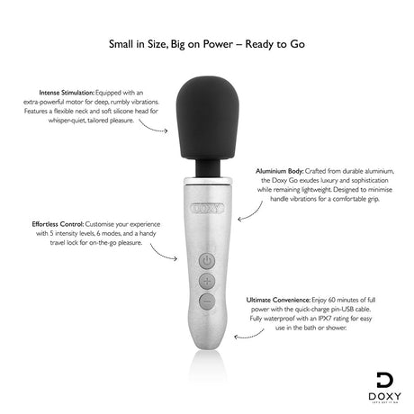 Doxy Go Travel-sized Wand Massager Brushed Metal features intense stimulation and customizable control for pleasure on-the-go.