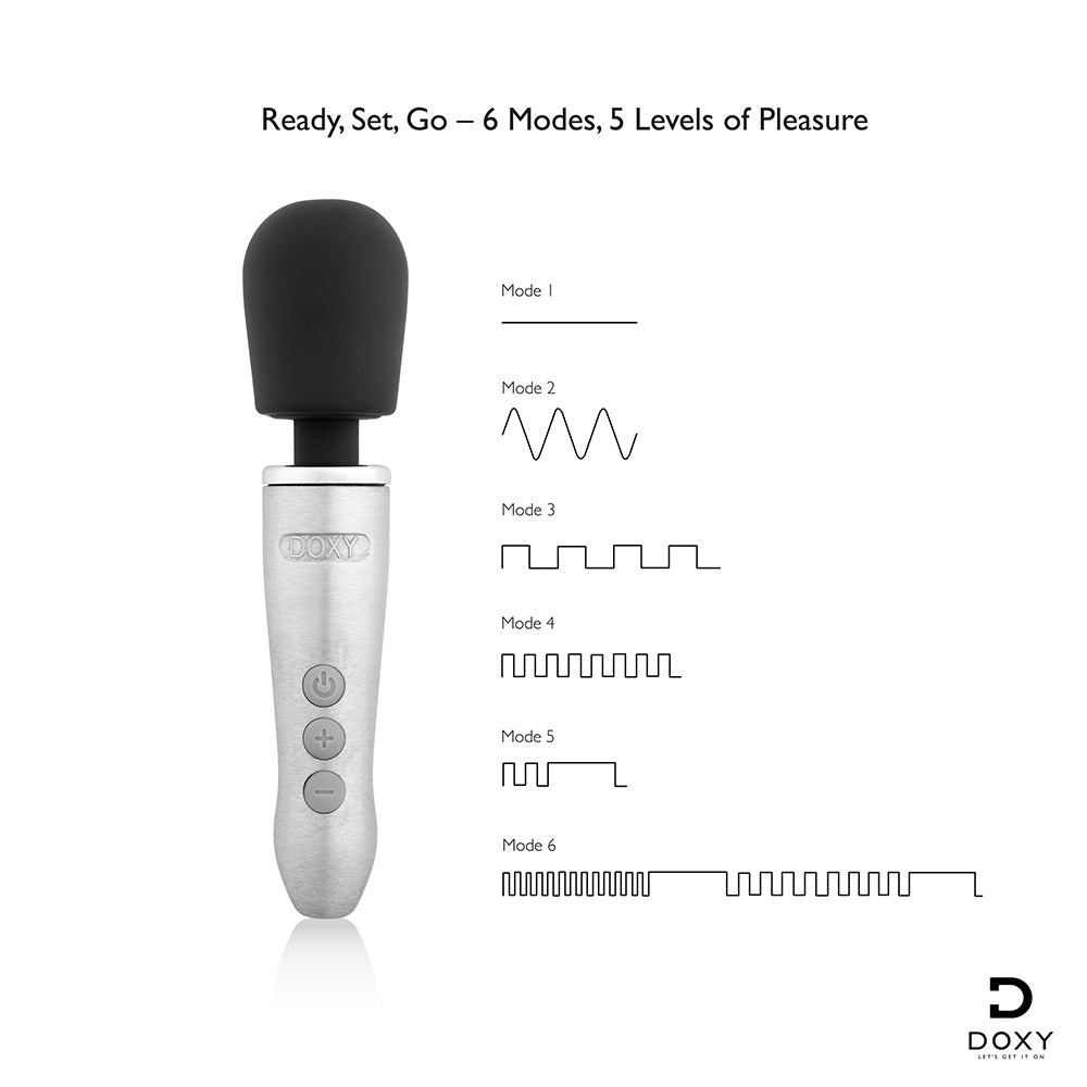 Doxy Go Travel-sized Wand Massager Brushed Metal showing 6 modes and 5 levels of pleasure settings.