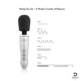 Doxy Go Travel-sized Wand Massager Brushed Metal showing 6 modes and 5 levels of pleasure settings.