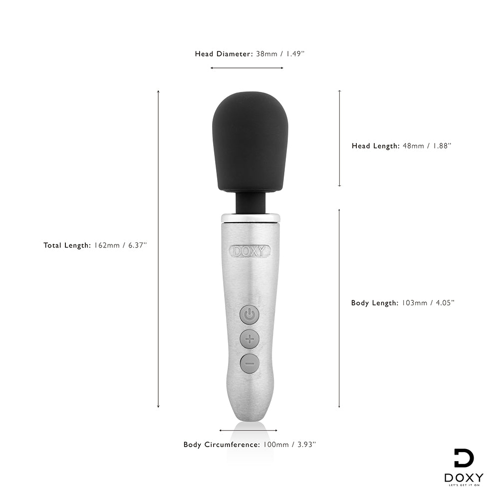 Doxy Go Travel-sized Wand Massager Brushed Metal dimensions including total length and head size.