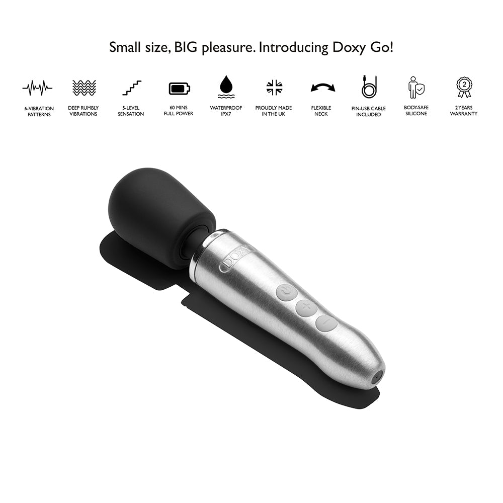 Doxy Go Travel-sized Wand Massager Brushed Metal showcasing its features and sleek design.