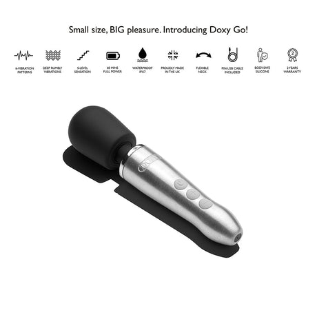 Doxy Go Travel-sized Wand Massager Brushed Metal showcasing its features and sleek design.