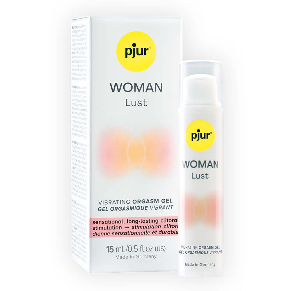 pjur Woman Lust Vibrating Orgasm Gel 15 ml packaging and bottle for enhanced clitoral stimulation.