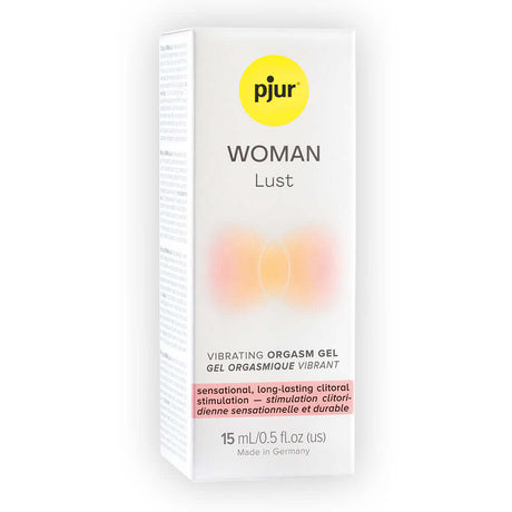 pjur Woman Lust Vibrating Orgasm Gel 15 ml packaging for enhanced clitoral stimulation and arousal.