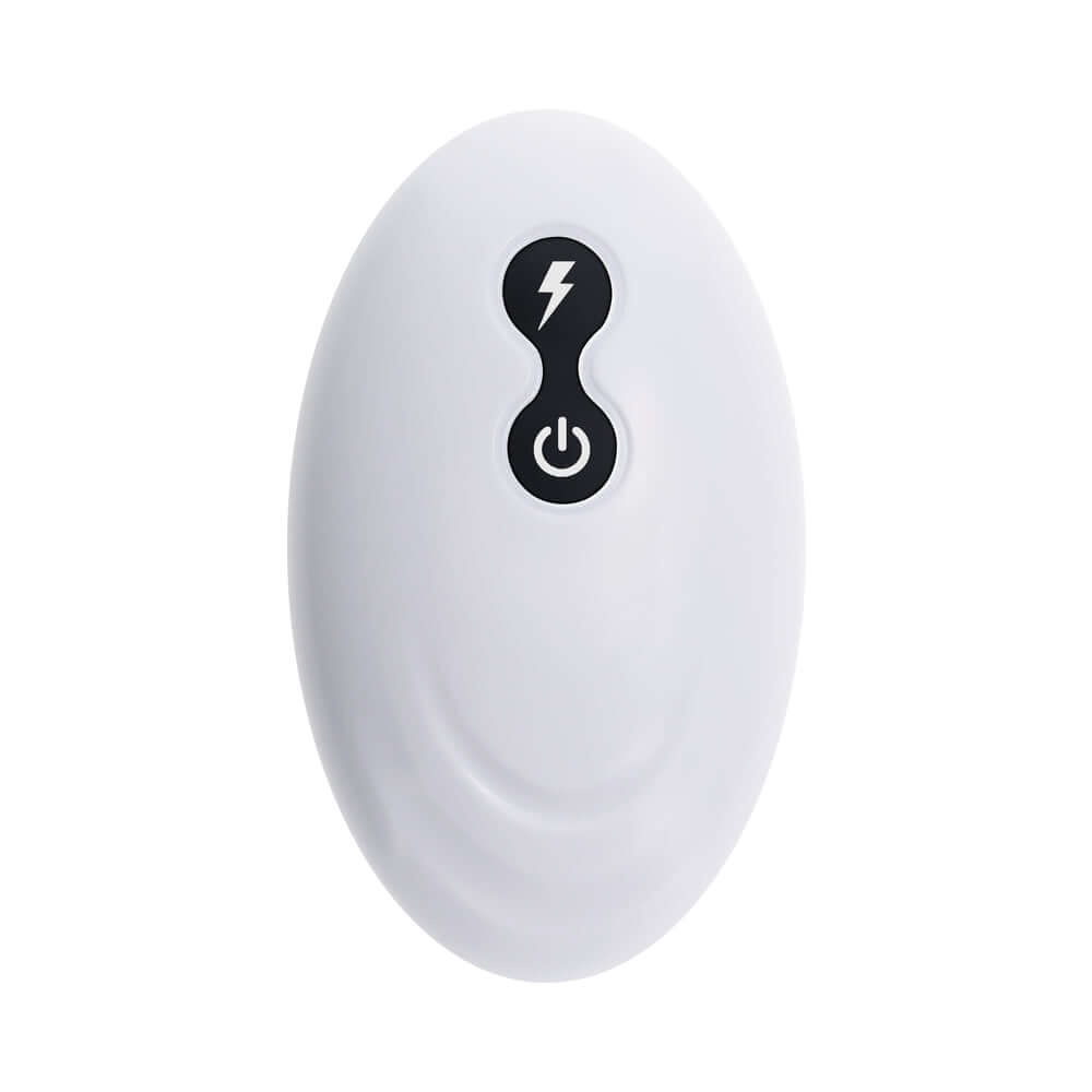 Evolved Mythical Vibrating Dildo with Remote controller close-up, featuring power and intensity buttons.