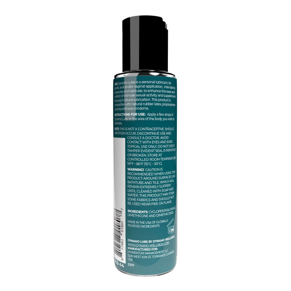 Dynamo Lube Silicone Formula 4.4 Oz back label, detailing ingredients and usage instructions.