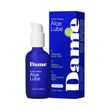 Dame Aloe Lube Personal Lubricant 2 Oz in a blue bottle with pump and packaging showcasing plant-based ingredients.