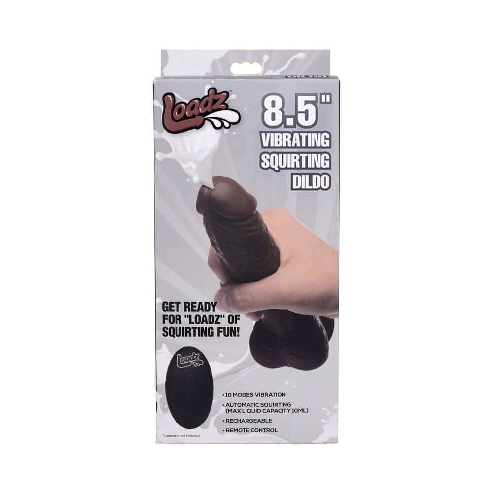 Loadz 8.5 inch Vibrating Squirting Dildo Dark package showcasing features and remote control for customizable pleasure.