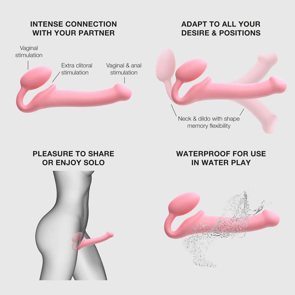 Strap-On-Me Silicone Bendable Strapless Strap-On Pink XLarge showcasing features like flexibility, waterproof design, and intense stimulation.