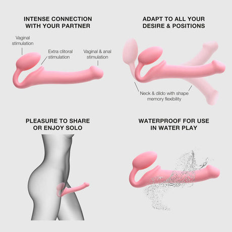 Strap-On-Me Silicone Bendable Strapless Strap-On Pink XLarge showcasing features like flexibility, waterproof design, and intense stimulation.