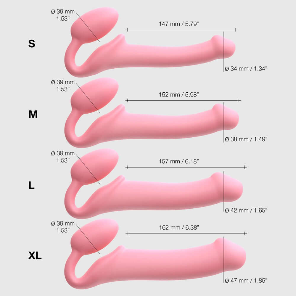 Strap-On-Me Silicone Bendable Strapless Strap-On Pink XLarge size and dimensions chart for pleasure tools.
