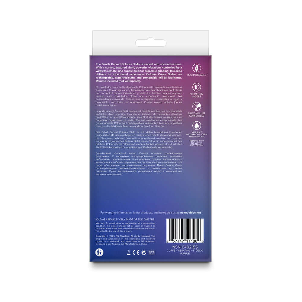 Back packaging of Colours Curve Vibrating 6 inches Dildo Purple with product details and features.