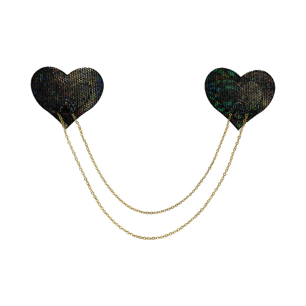 Pastease Black Disco Ball Heart Gold Chain Nipple Pasties with shimmering black hearts and draping gold chains.