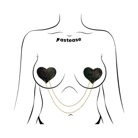 Pastease Black Disco Ball Heart Gold Chain Nipple Pasties on a stylish illustration, showcasing bold heart designs and gold chains.