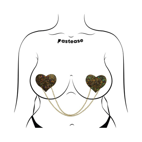 Pastease Black Disco Ball Heart Gold Chain Nipple Pasties design featuring glittery heart pasties with gold chains.