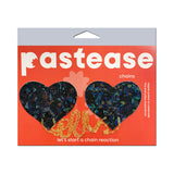 Pastease Black Disco Ball Heart Gold Chain Nipple Pasties on display with chains, adding sparkle to any outfit.