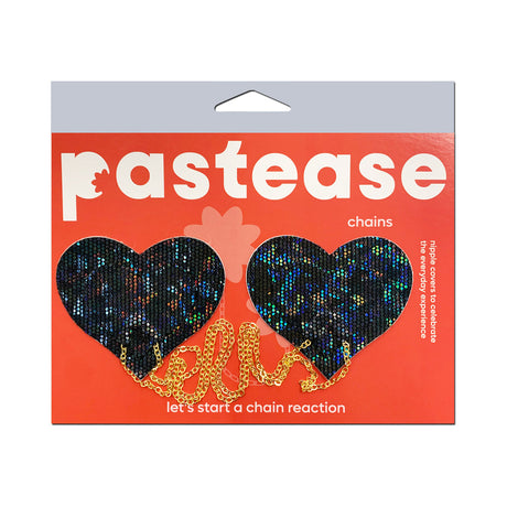 Pastease Black Disco Ball Heart Gold Chain Nipple Pasties on display with chains, adding sparkle to any outfit.
