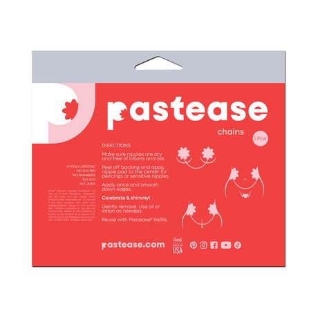Pastease Black Disco Ball Heart Gold Chain Nipple Pasties packaging with directions and branding details.
