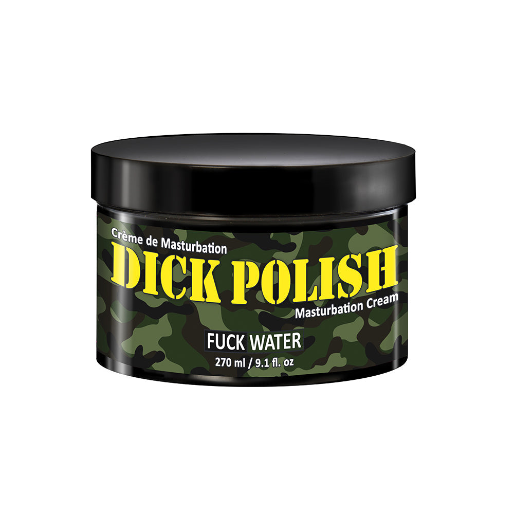 Fuck Water Dick Polish Masturbation Cream 9.1 Oz in a camouflaged jar for smooth and long-lasting performance.