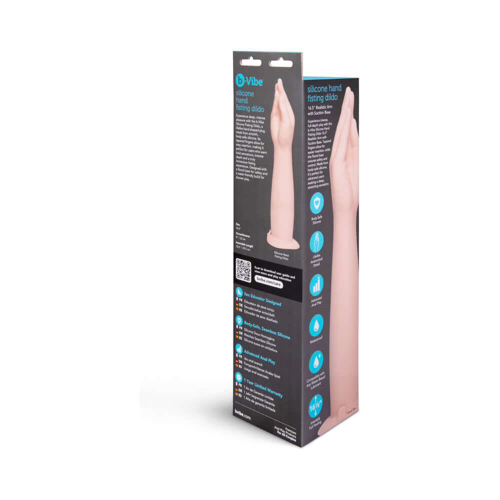 b-Vibe Silicone Hand Fisting Dildo packaging showcasing the advanced design and features for deep anal exploration.