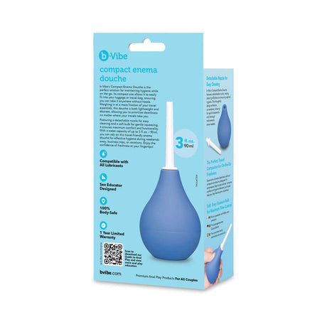 b-Vibe Compact Enema Douche Blue packaging showcasing design and features for on-the-go hygiene.