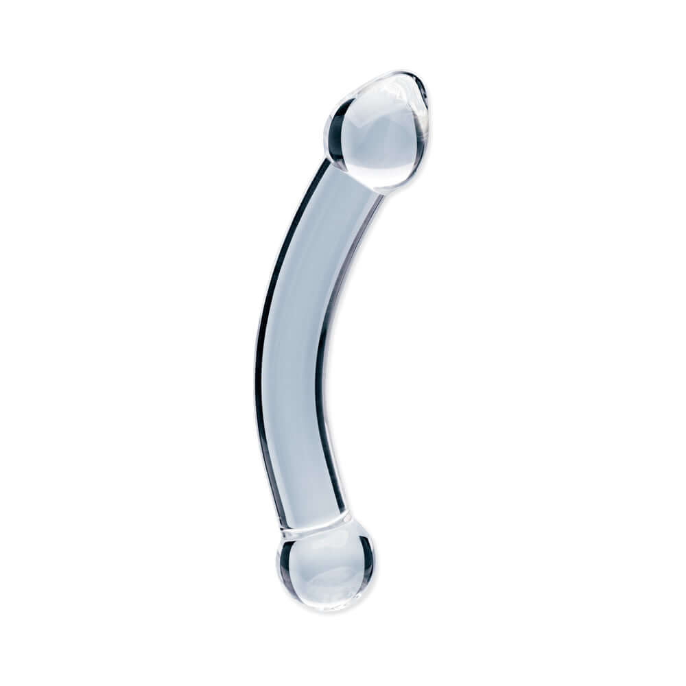 Clarity Celestial Purity Glass Dildo elegantly curved and double-ended, showcasing premium borosilicate glass craftsmanship.
