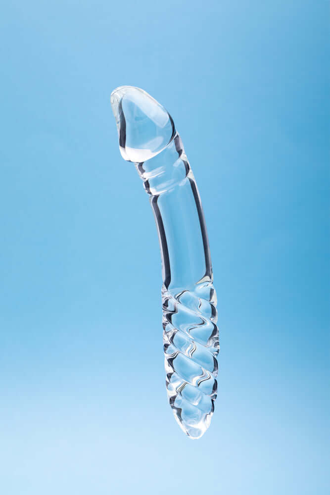 Clarity Celestial Desire Glass Dildo, a handblown borosilicate glass toy featuring a sleek design for luxurious pleasure.