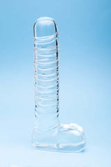 Clarity Seraphic Opus Glass Dildo on a blue background, showcasing its elegant design and handblown craftsmanship.