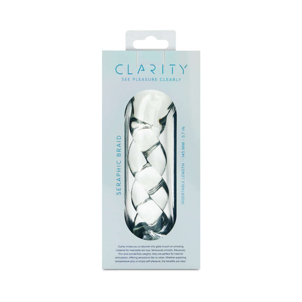 Clarity Seraphic Braid Glass Dildo in elegant packaging showcasing its unique spiral design.