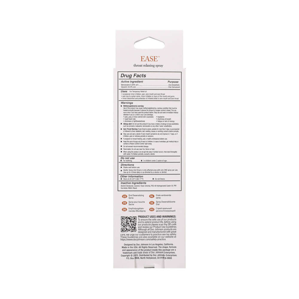 Ease Throat Relaxing Spray Salted Caramel 2 Oz packaging showing drug facts and usage instructions.