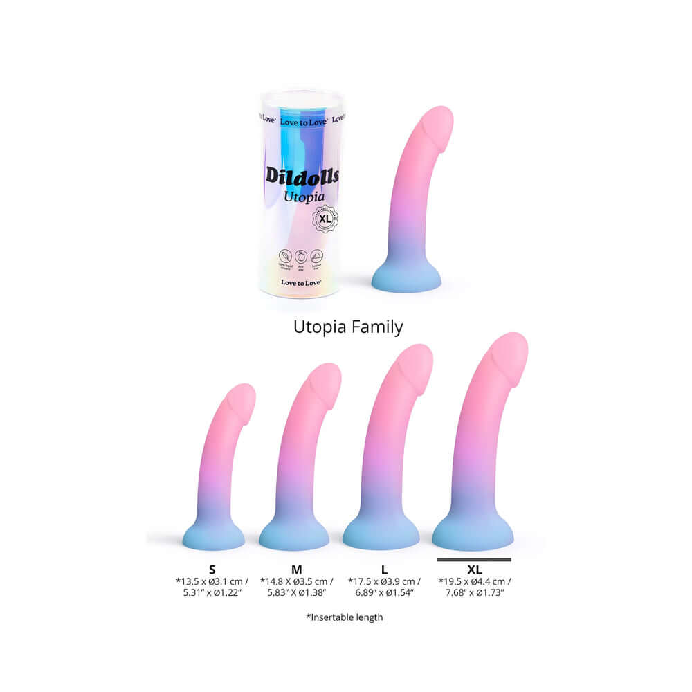 Love to Love Dildolls Utopia XLarge alongside Utopia family sizes in a colorful display.