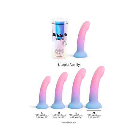 Love to Love Dildolls Utopia XLarge alongside Utopia family sizes in a colorful display.