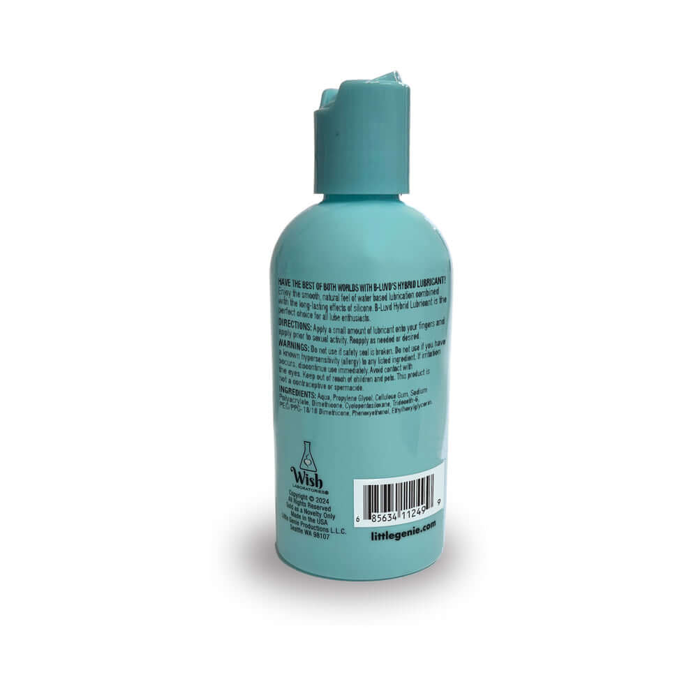 B-Luvd Hybrid Lubricant 4 Oz bottle showing back label details and cap.