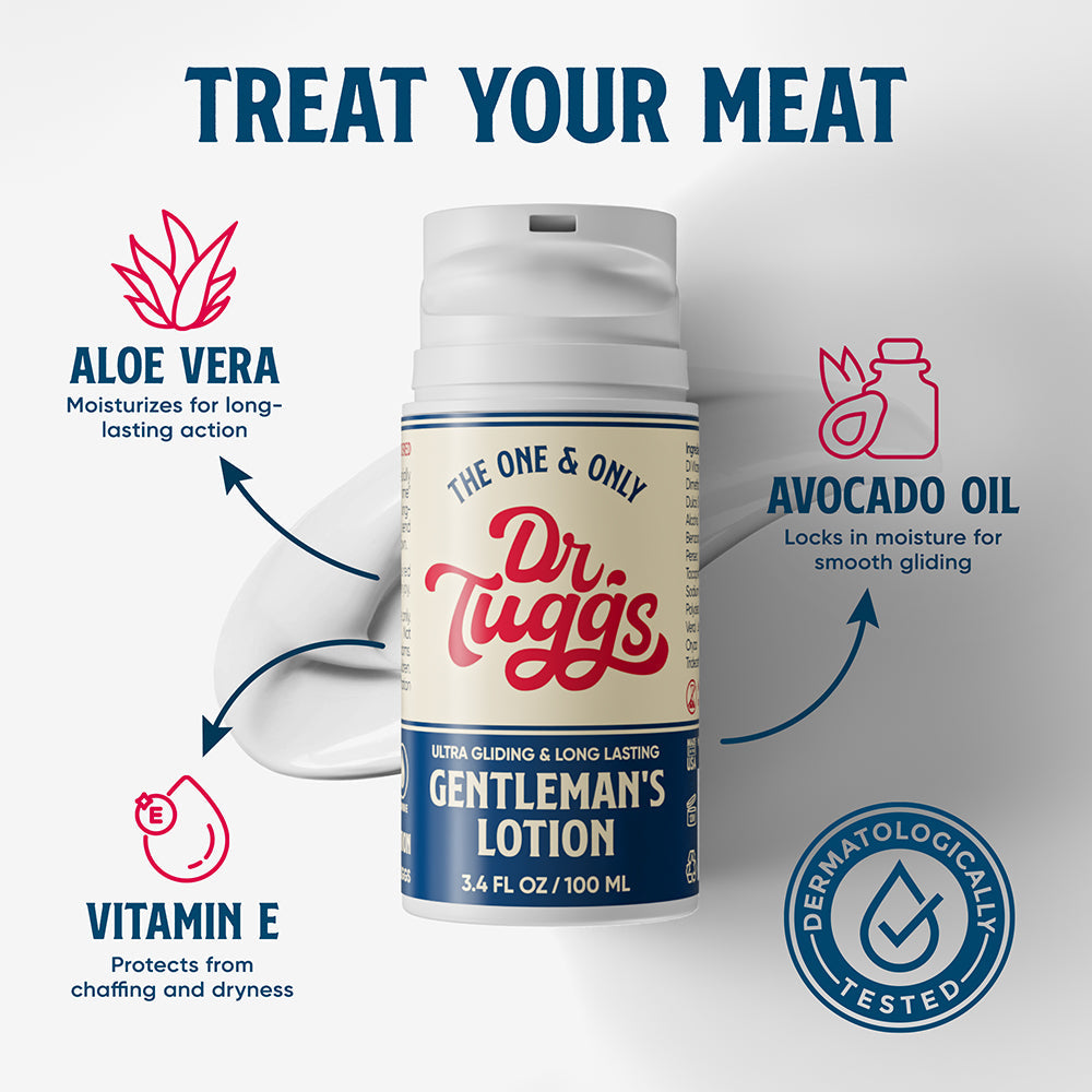 Dr Tuggs Gentleman's Masturbation Lotion 3.4 Oz with aloe vera, avocado oil, and vitamin E for smooth gliding.