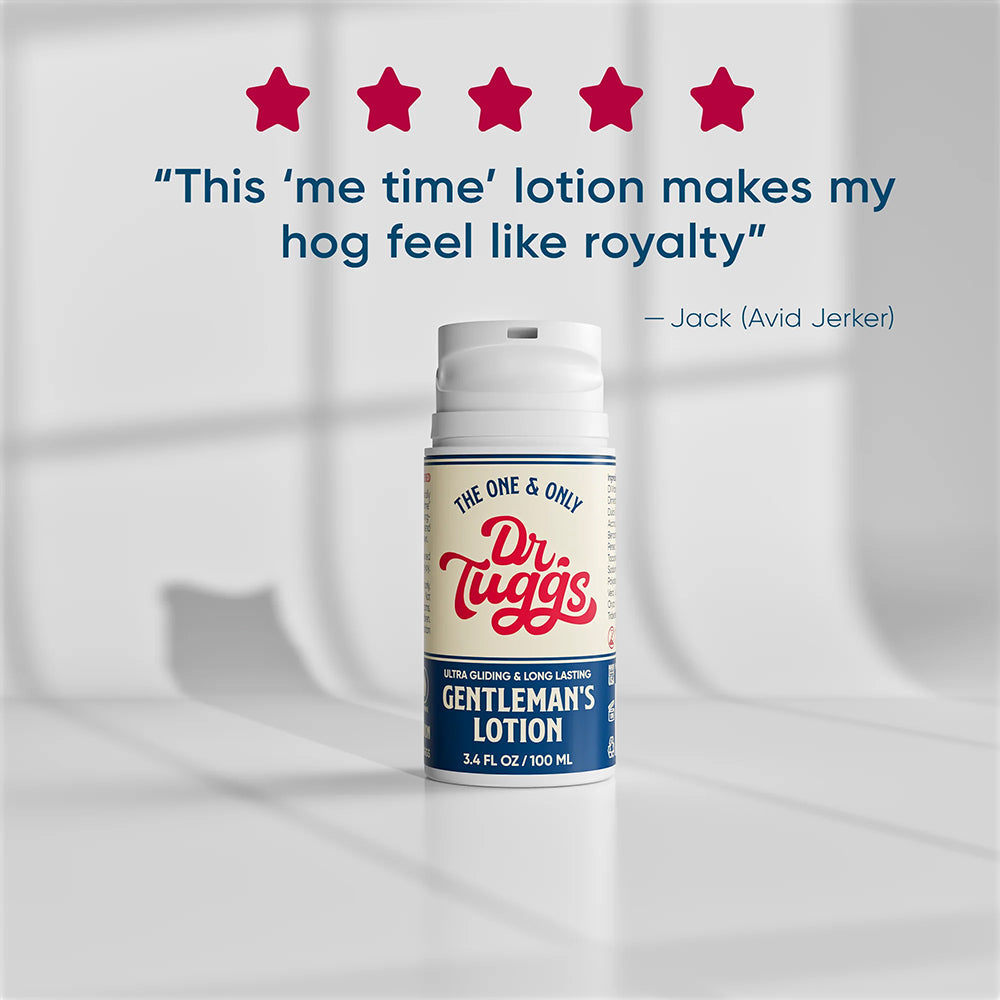 Dr Tuggs Gentleman's Masturbation Lotion 3.4 Oz bottle with quote and star rating on display.