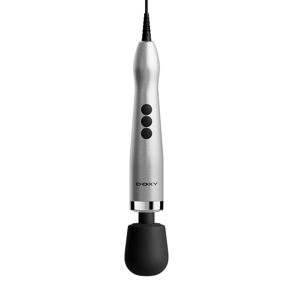 Doxy Die Cast Max Plug-in Wand Massager Silver with sleek silver design and black head for powerful stimulation.