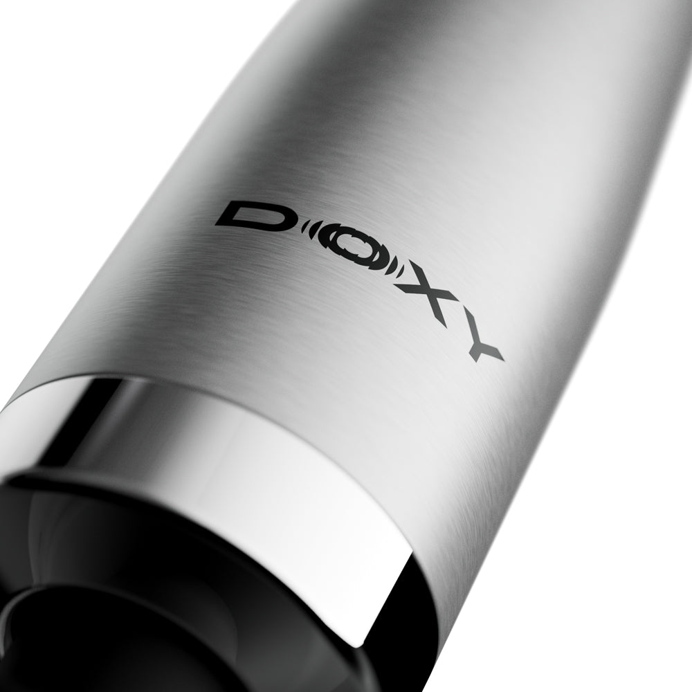 Doxy Die Cast Max Plug-in Wand Massager Silver close-up showcasing sleek design and logo.