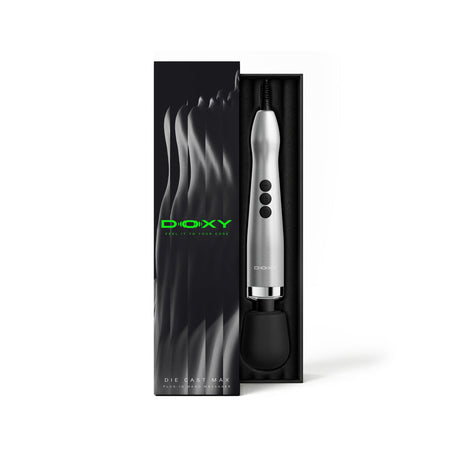 Doxy Die Cast Max Plug-in Wand Massager Silver in stylish packaging with a sleek design.