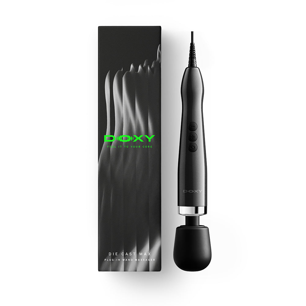 Doxy Die Cast Max Plug-in Wand Massager Black with sleek packaging and ergonomic design.